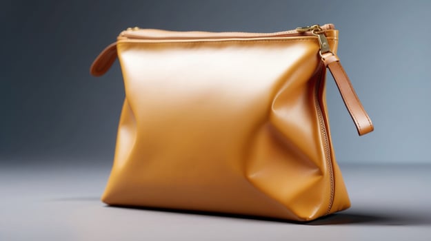 Chic Golden Cosmetic Bag with Wristlet and Zipper on a Modern Gray Background photo