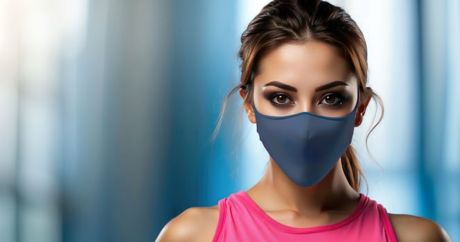 Close-Up Portrait of a Woman Wearing a Fashionable Protective Face Mask Indoors photo