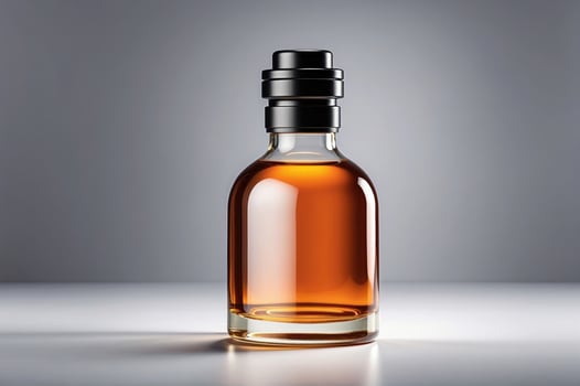 Modern Amber Cologne Bottle with Elegant Design and Space for Label, Isolated on a Gray Background photo