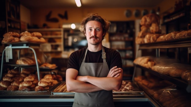 Owner of small bakery. Adult man stands at counter with pastries and bread. Small business and work. photo