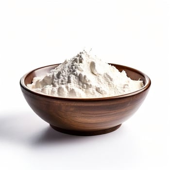 AI generated whole grain wheat flour in bowl isolated on white background photo