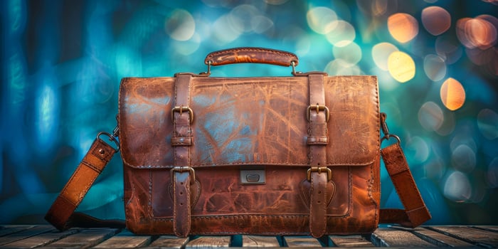 AI generated Photo of a vintage brown leather briefcase with a glowing aura on a bokeh light background, signifying importance and mystery