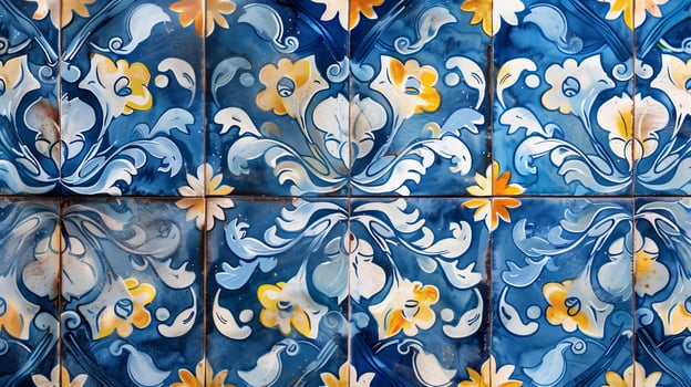 AI generated Traditional Portuguese azulejo tiles with ornate blue and yellow floral patterns, ideal for backgrounds or cultural concepts related to Portugal and its artisanal heritage photo