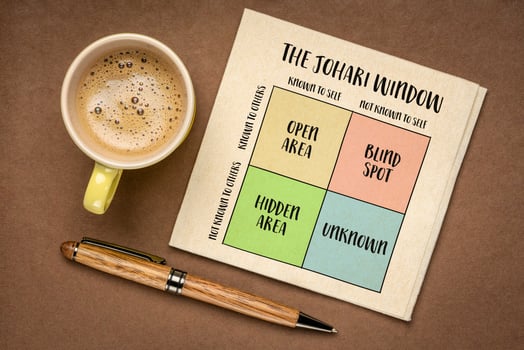 the Johari window model, a framework for understanding the relationships between self-awareness and interpersonal communication with four quadrants of knowledge, sketch on a napkin photo