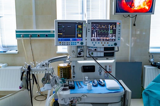Mechanical ventilation equipment. Screen with results. Pneumonia diagnosing. Ventilation of the lungs with oxygen. COVID-19 and coronavirus identification. Pandemic. photo