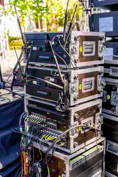 Concert equipment. Containers for transportation of equipment. Portable equipment for concert. Closeup. photo