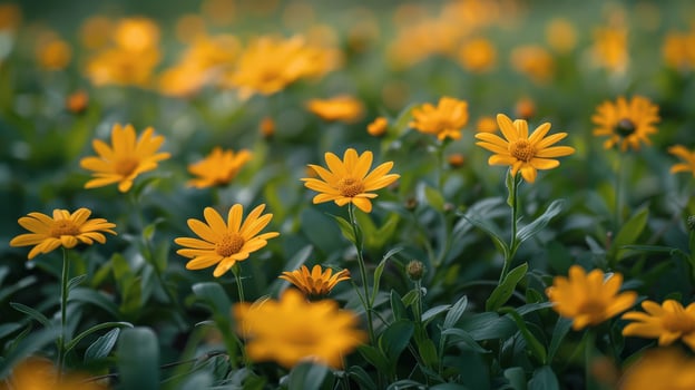 AI generated Field of Yellow Flowers With Green Leaves photo