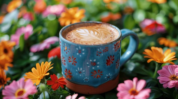 AI generated Hot Chocolate Cup With Daisies and Strawberries photo
