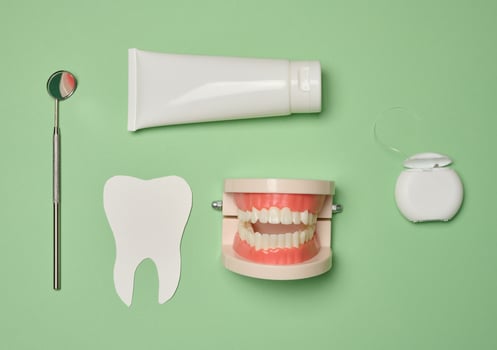 Model of a human jaw with white teeth, dental floss and toothpaste on a green background, top view. photo