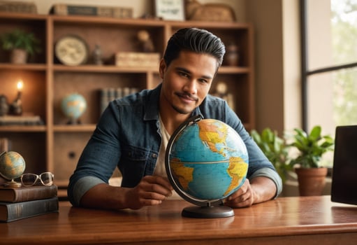 AI Generated A focused man examines a globe by a bookshelf. Captures the essence of learning and exploration. photo