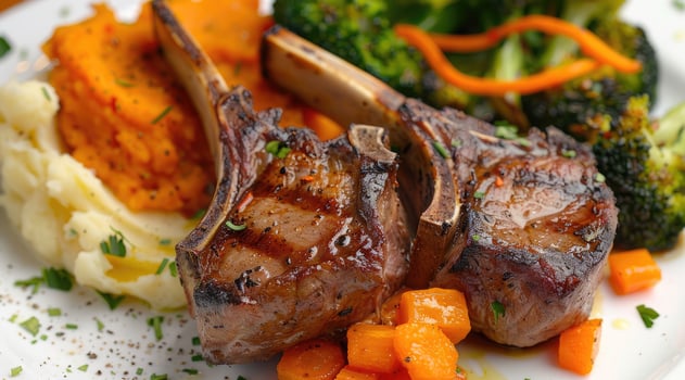Roasted lamb chops with a side of mashed sweet potato and steamed vegetables. The steamed vegetables are a mix of broccoli and carrots. photo