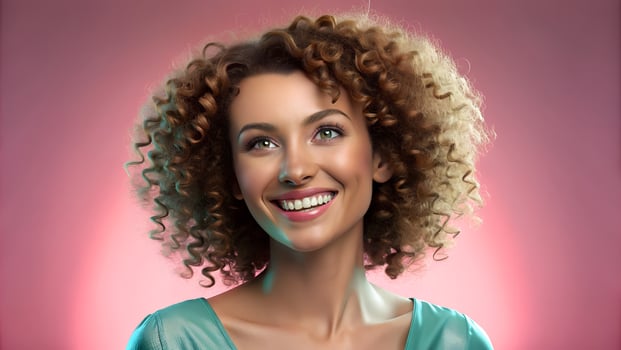 Curly charming lady in good mood wearing blue clothes photo