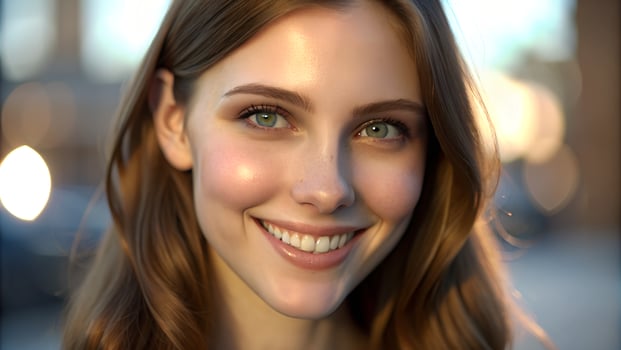 Portrait of a smiling young woman with brown hair photo