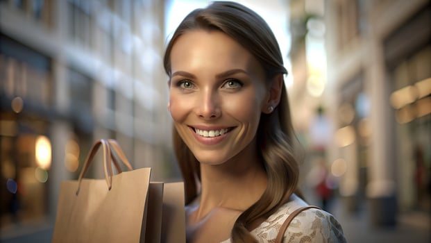 Portrait of happy smiling woman hold shopping bag photo