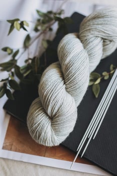 Skein of wool yarn and knitting needles for hand knitting. Concept for handmade. photo