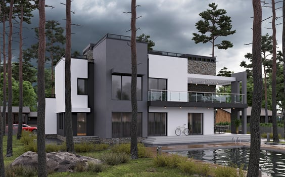 3d render of a modern private house in the woodland with a swimming pool photo