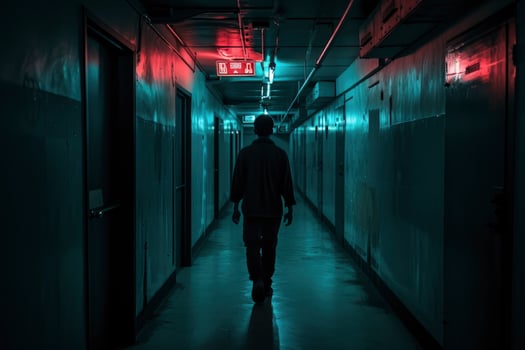AI generated Mysterious Woman Walking in an Old, Abandoned Corridor .Generative ai. photo