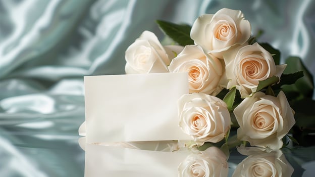 A bouquet of big and beautiful white roses with an empty white card for writing placed in front of the flowers on shining light-blue silk fabric. Generated by artificial intelligence. photo