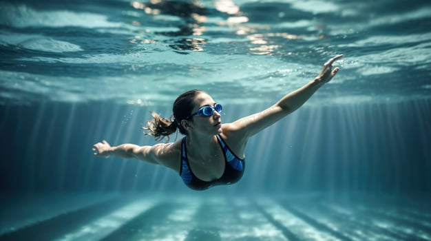 Woman in a calm and focused pose while swimming underwater, rays of light filtering through photo