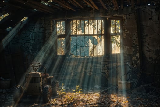 Sunbeams pierce through the window of a dilapidated barn with an old tractor photo