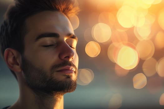 Man meditating peacefully with eyes closed, bokeh background photo