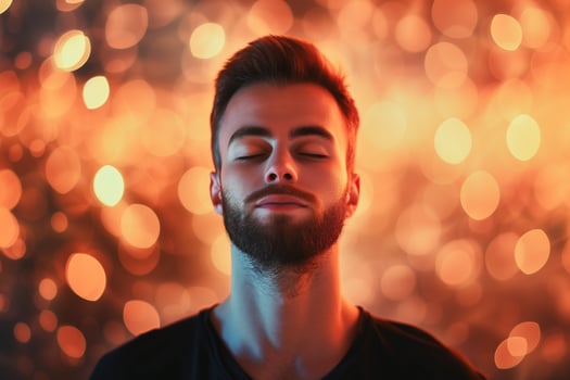 Man meditating peacefully with eyes closed, bokeh background photo