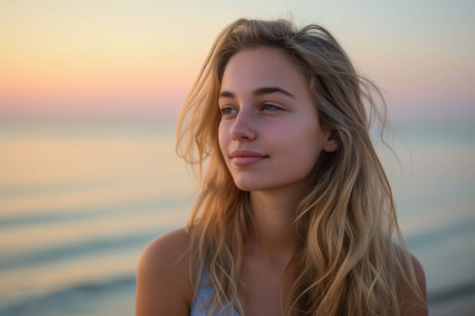 Portrait on the beach young woman with long blond hair photo