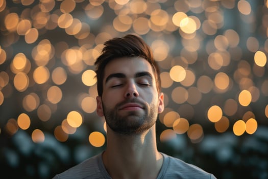 Man meditating peacefully with eyes closed, bokeh background photo