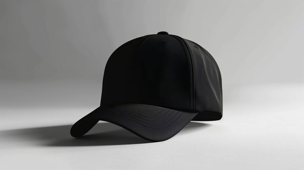 AI generated The mock-up of black sports cap on gray background. Minimalism, advertising light. Generated by artificial intelligence. photo