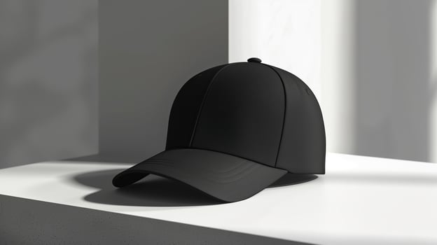 AI generated The mock-up of black sports cap on gray background. Minimalism, advertising light. Generated by artificial intelligence. photo