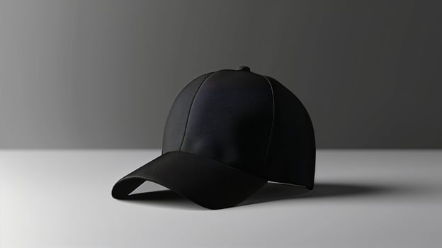 AI generated The mock-up of black sports cap on gray background. Minimalism, advertising light. Generated by artificial intelligence. photo