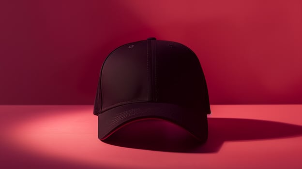 AI generated The mock-up of black sports cap on red background. Minimalism, advertising light. Generated by artificial intelligence. photo