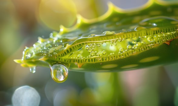 Close-up of a freshly cut aloe vera leaf oozing with gel photo