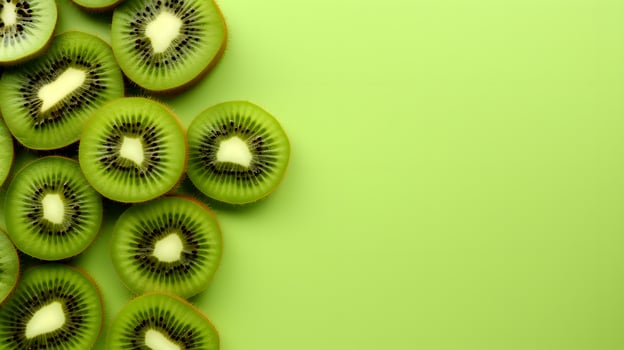 Top view of sliced kiwi on green background. Tropical fruits, food concept, copy space photo