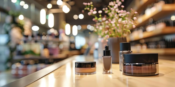 Cosmetics products on table inside shop. photo
