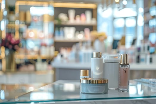 Cosmetics products on table inside shop. photo