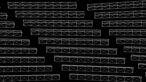 Abstract white triangle shapes on black background. Animation. Rotating 3D elongated constructions of triangles. Transparent elongated triangles rotate forming mechanical background photo