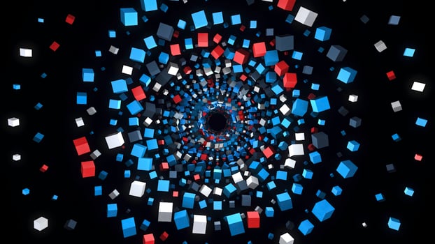 Tunnel of 3D colored squares on black background. Animation. Beautiful hypnotic tunnel of colorful cubes. Distance from spiral of many bright cubes photo