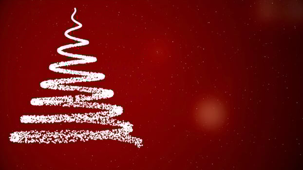 Animation of Christmas tree with falling snowflakes. Red background. photo