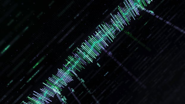 Abstract background with music track and numbers. Animation. Abstract color equalizer moves with numbers on black background. Computer equalizer matrix photo