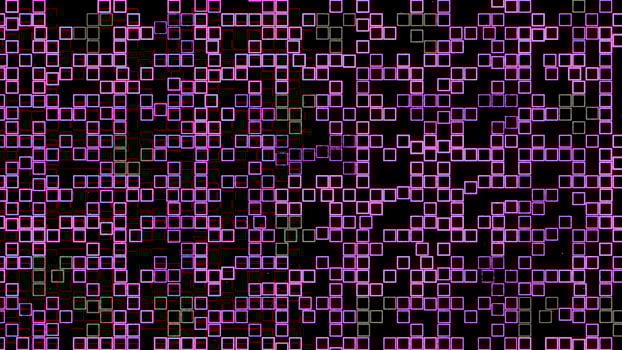 Tetris squares with neon light. Animation. Beautiful set of neon squares randomly moving on black background. Background of tetris squares photo