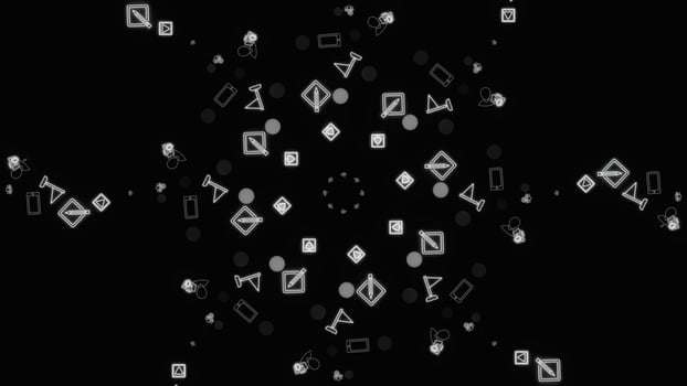 Monochrome animation of popular social network app icons rotating in spiral on the black background. Animation. Technology, social media and internet backdrop. photo