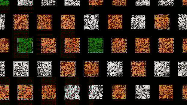 Colorful QR codes on black background. Animation. rows of codes move like a snake. Lot of QR codes move through rows. Matrix barcodes with information about various objects photo