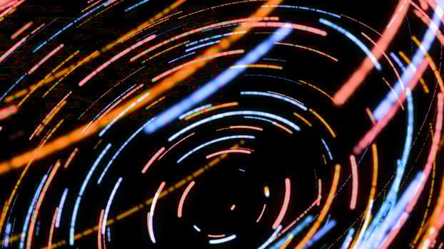 3D animation of twisting digital spiral of neon stripes. Animation. Vivid animation with colorful striped spiral with 3D effect on black background photo