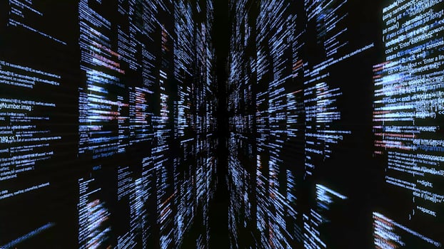 Source codes in cyberspace on black background. Animation. Dive into cyberspace with walls of source code. Access to matrix through software with codes photo