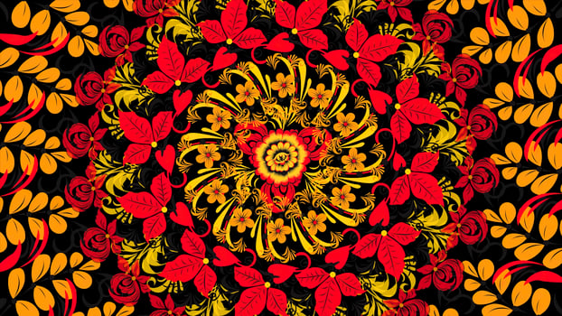 Crockery painting Khokhloma Russia of bright red flowers and berries on black background. Red Khokhloma on a black background photo