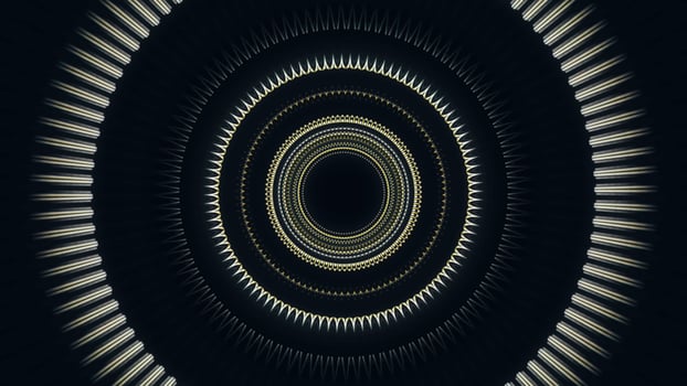 Abstract corridor with shining rings, view inside of an alien space ship in outer space. Animation. Blinking circles forming a funnel on black background, seamless loop. photo