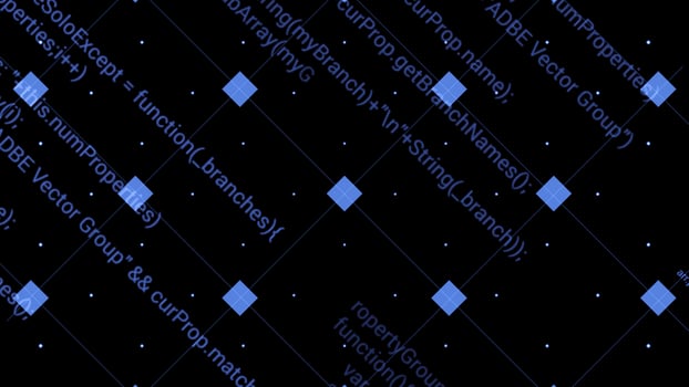 Dizzying program background. Motion. Grid with squares and appearing program codes. Colored program codes on grid are spinning on black background photo