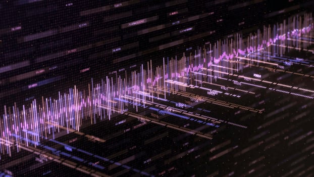 Abstract background with music track and numbers. Animation. Abstract color equalizer moves with numbers on black background. Computer equalizer matrix photo