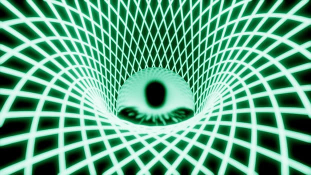 Abstract striped tunnel of neon green tunnel. Design. Glowing reflective sphere inside 3D corridor. photo